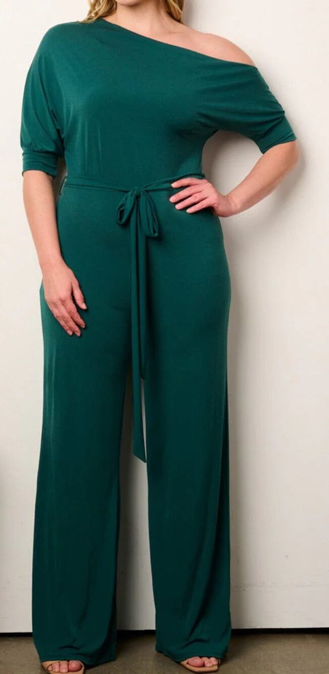 Janette Plus Green Off Shoulder Wide Leg Jumpsuit 2X